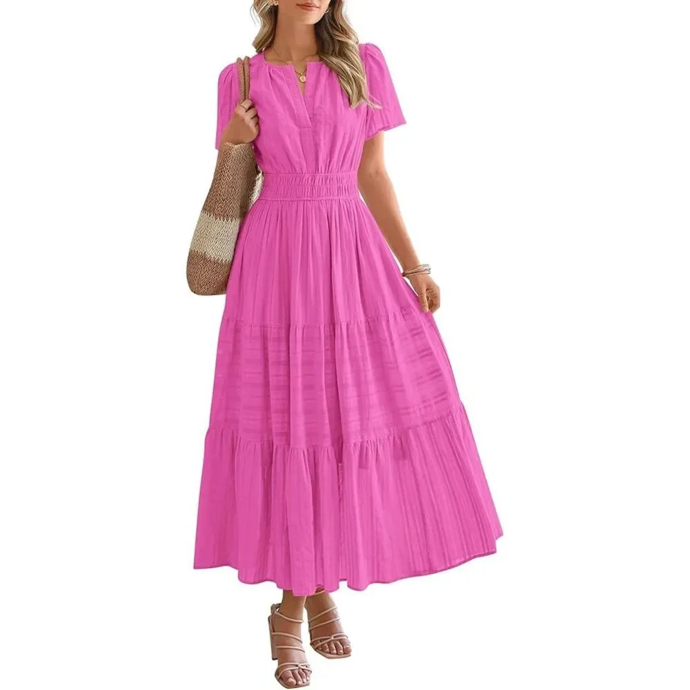 Women's Rose Red V Neck Short Sleeve A Line Summer Casual Maxi Dress Pockets